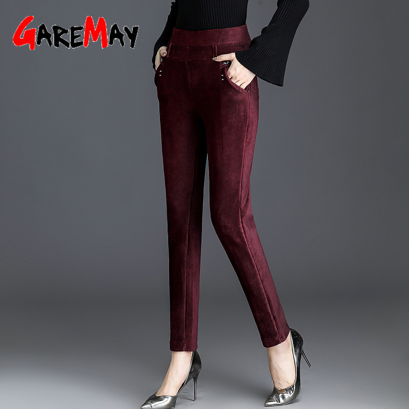 Women Winter Thickening Warm Corduroy Pants Casual Plus Size 5XL High Waist Elastic Trousers Femme Woman's Loose Velvet 210428