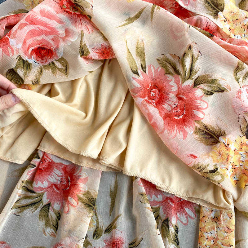 LY VAREY LIN Autumn Women Elegant Floral Print Dresses Puff Sleeve O Neck High Waist Ruffled Hem A Line Loose 210526