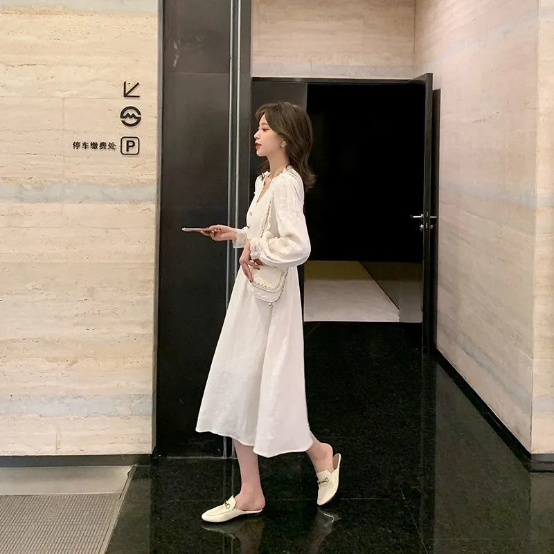 Summer Lace Black Dress Women Long Sleeve Button V-neck Office Lady Vintage Midi Dress Female Gothic Dress Korean 210521