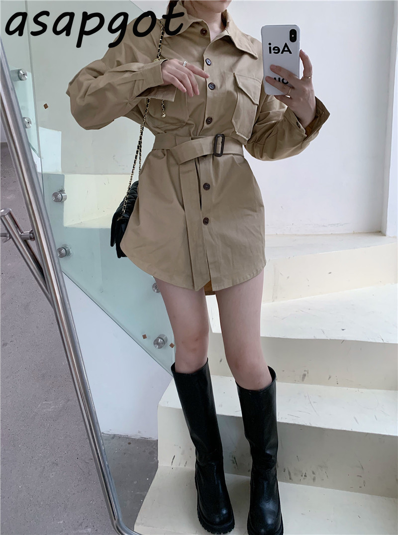 Retro Korean Chic Loose Full Sleeve Turn Down Collar Single Breasted Khaki Blouse Women with Belt Blusas Mujer Thin Jacket 210429