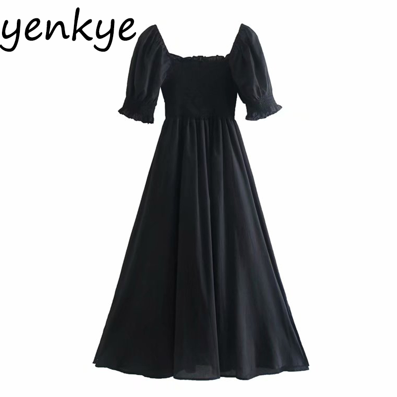 Summer Women Vintage Black Flowy Long Dress Sexy Square Neck Puff Sleeve Holiday Party Dresses Female Chic Vestido 210430