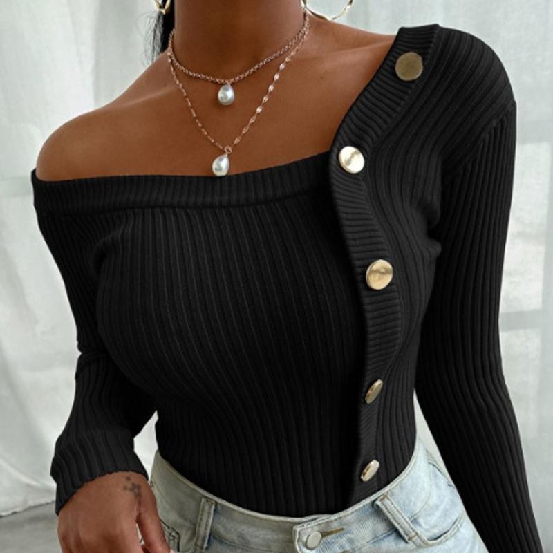Sexy Patchwork Knitted Slim Skew-collar Button Long Sleeve Female Sweater 2021 Autumn Fashion Lady Pullover