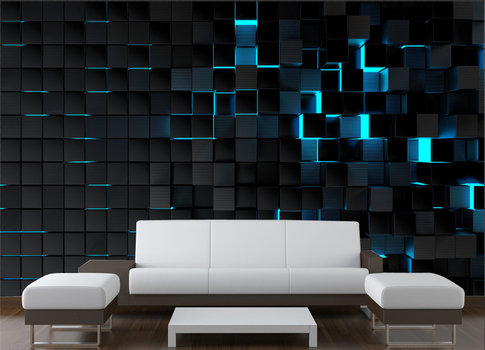 Modern living style wallpaper Mural Wallpapers for Office Esports Hall Living Room Wall Paper 3D Blue Light Shining Black Cubes Home Decor