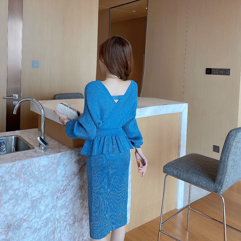 Autumn Winter Women Two Piece Set Shinning Knitted Bat Sleeve Sweater + High Waist Bodycon Skirt Suits 210520
