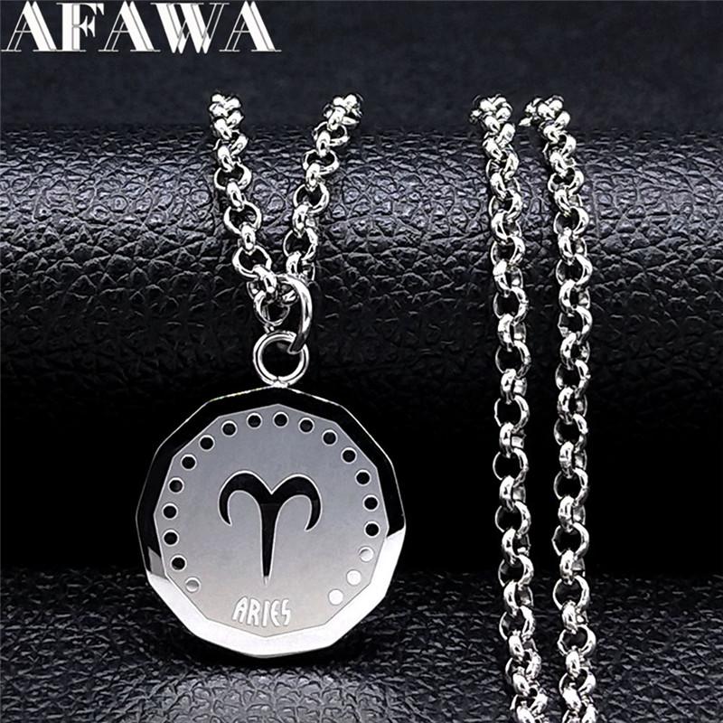 Pendant Necklaces Stainless Steel Aries Astrology Necklace Women/Men Silver Color Round Punk Jewelry Ciondoli Acciaio Inox NXS02