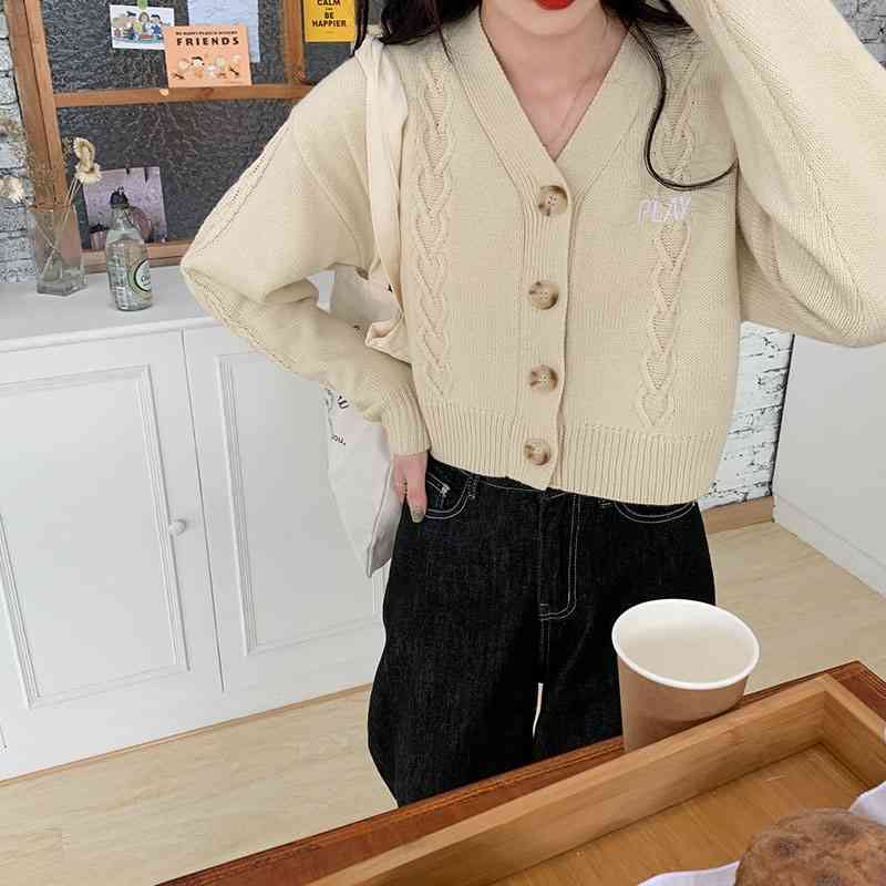 3 colors korean style autumn V neck knitted sweaters cardigan womens letter embroidery outwear coats womens (X1535) 210423