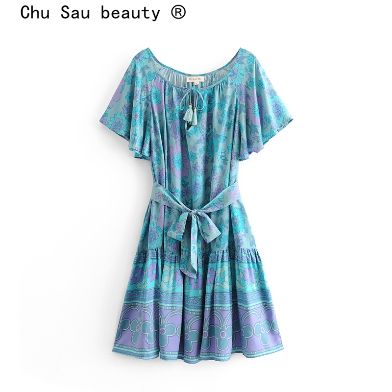 beauty Fashion Boho Style Floral Print Midi Dress Women Holiday Chic Sashes Short Sleeve Tassel Mini Dresses Female 210514