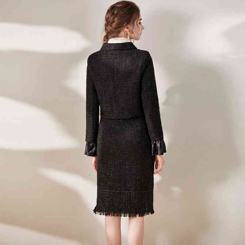 Winter Vintage Tweed Two Piece Sets Women's Woolen Short Jacket Coat and High Waist Tassel Skirts Suit 210520