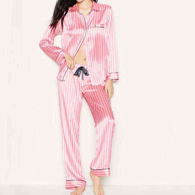 Summer Spring Pajamas for Women Satin Silk Sleepwear Two Piece Set Long Sleeved Striped Pjs Lounge Wear Night Suits Home Clothes 211109