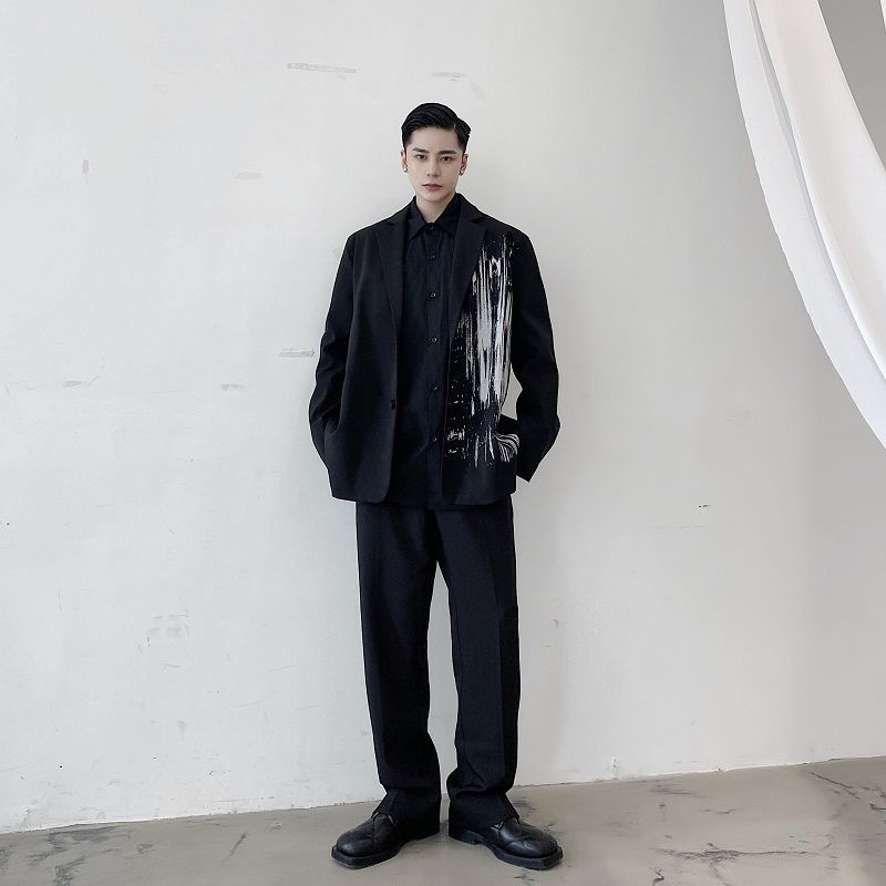 IEFB /men's Wear Spring Autumn Graffiti Printing Black Big Size Blazers Fashionable All-match Loose Suit Coat 9Y4049 210524