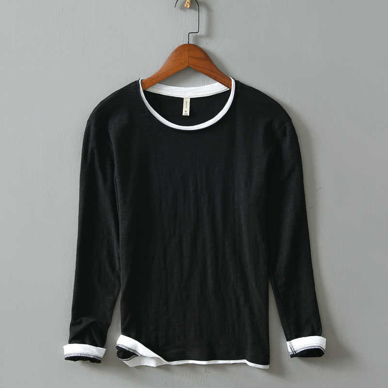 Long Sleeve T-Shirts For Men O-Neck 100%Pure Cotton Tops & Tees Male Casual Wild Patchwork Men's Clothing 210601