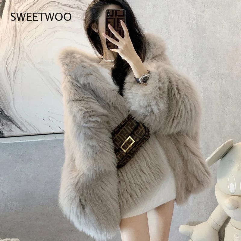 Women's Fur & Faux Autumn And Winter Imitation Coat Loose Mid Length Hooded One-Piece Plush Thickened Jacket Casual Warm, Black
