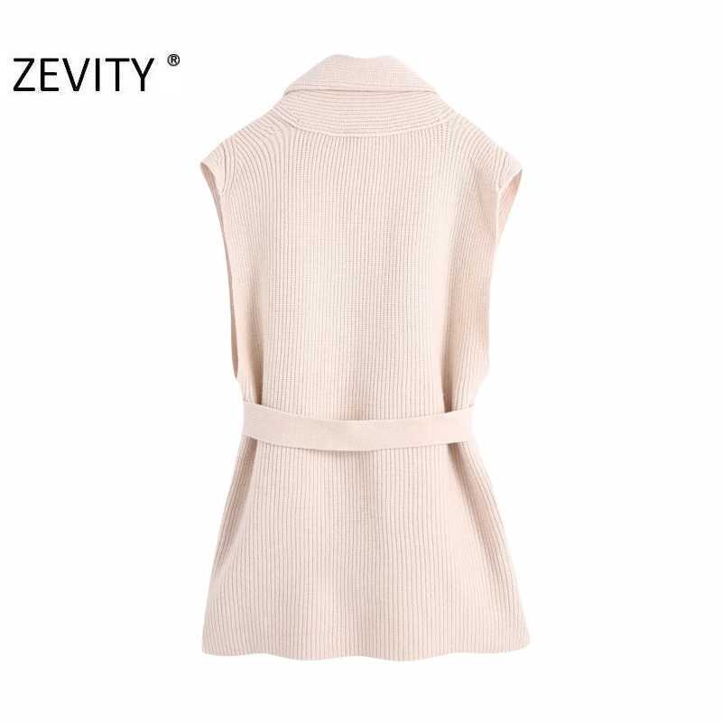 Zevity Women Fashion Turn Down Collar Pockets Patch Sashes Knitting Sweater Female Chic Sleeveless Open Stitching Vest Tops S458 210603