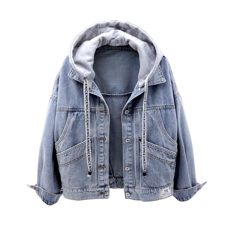 Spring Autumn Korea Fashion Women Long Sleeve Loose Blue Denim Coat Big Pocket Hooded Casual Jacke Femme short Coats S790 210512
