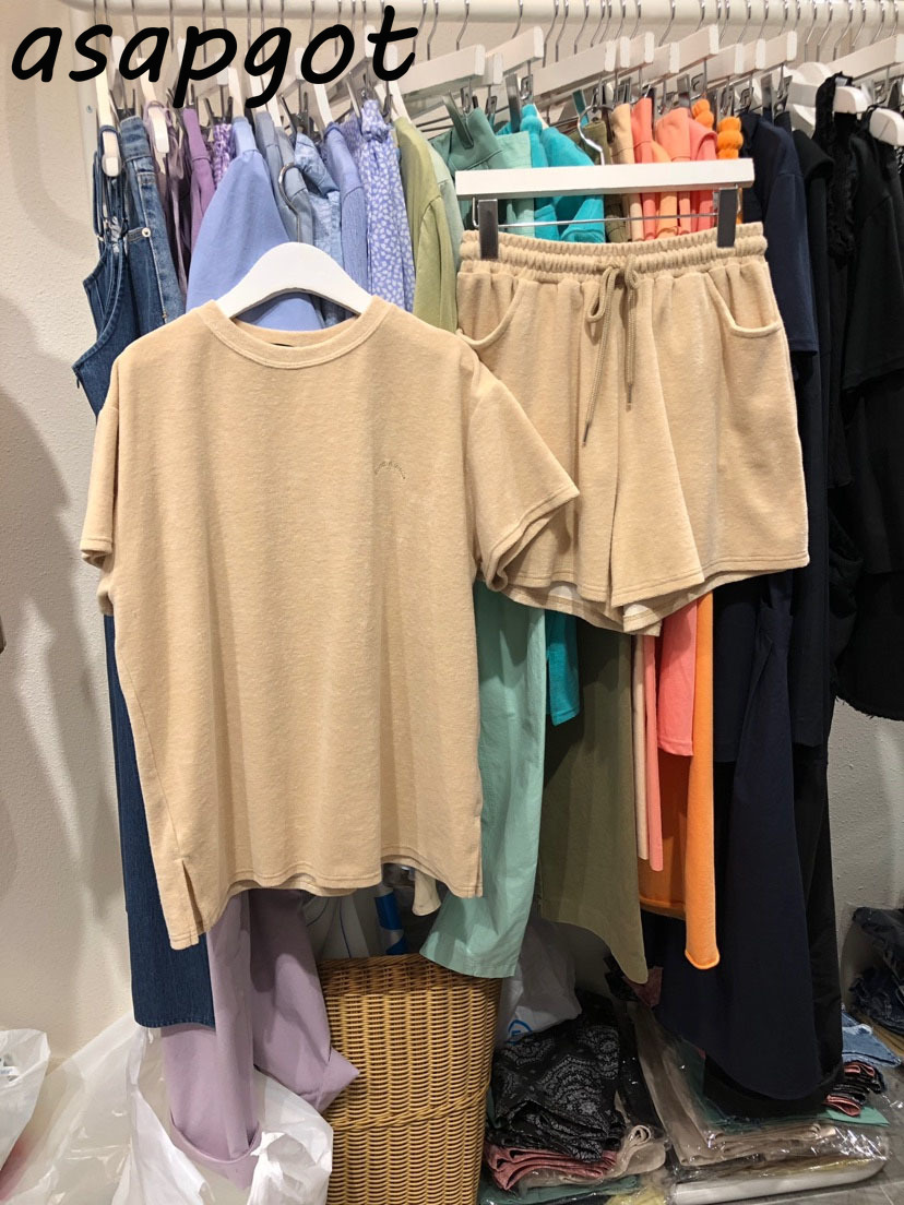 Cotton Plus Size Summer Sets Casual Fashion Chic Loose O Neck Short Sleeve Tshirt Tops Elastic Waist Wide Leg Shorts 3Color 210429