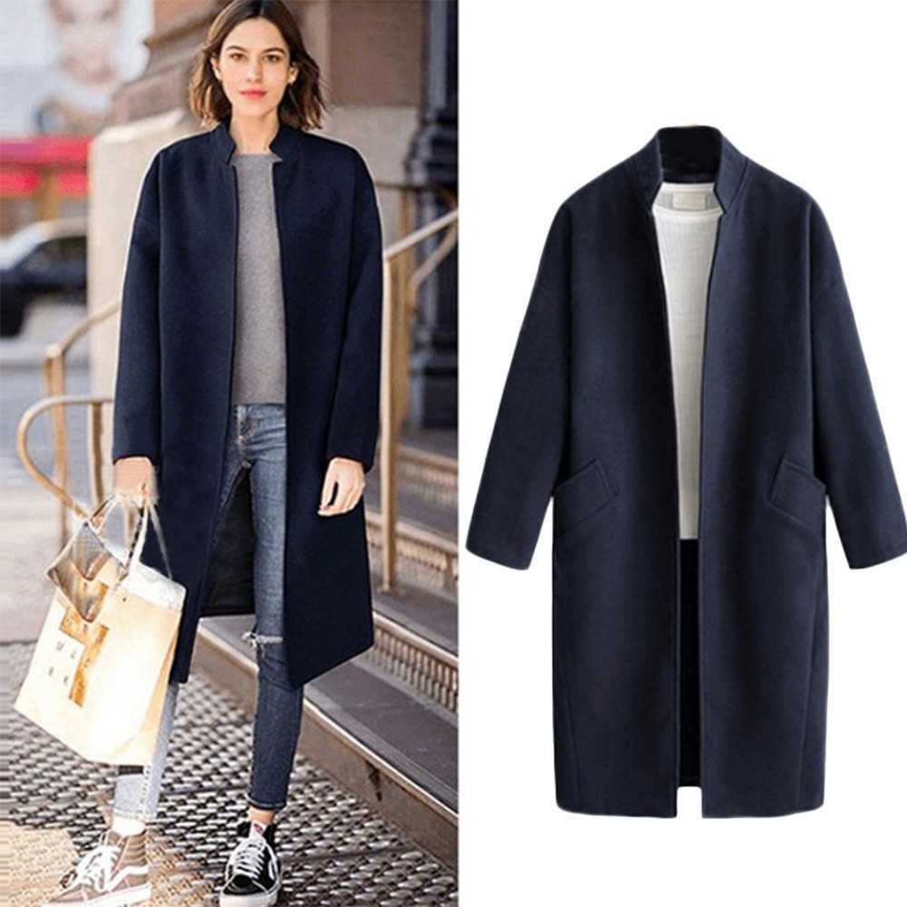 Women Blend Coat Winter Fashion Warm Stand Collar Wool Cardigan Jacket Casual Loose Parka Overcoat Plus Size Long Seleve Outwear 210526