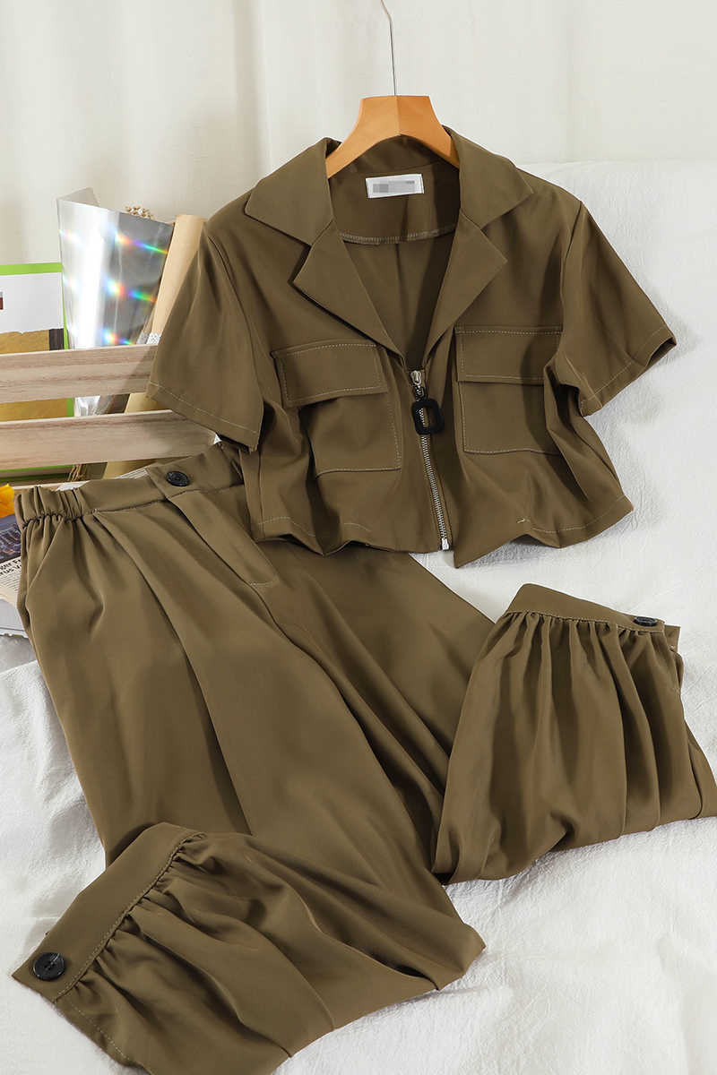 DEAT Women Notched Neck Zipper Long Pants Arrivals Two Piece Set Fashion Temperament Spring Summer 11D844 210709