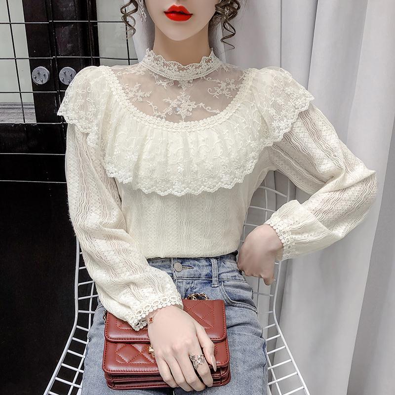Wonder spring solid elegant lace blouse office ladys lantren sleeve ruffles Korean female Mesh Sheer Sexy shirt 210510