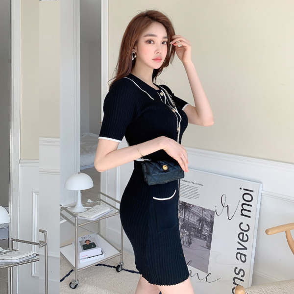 Korean Summer 2 Piece Set Women Lapel Short Sleeve Knitted T-Shirt Top + Bodycon Mini Skirt Suits 210519