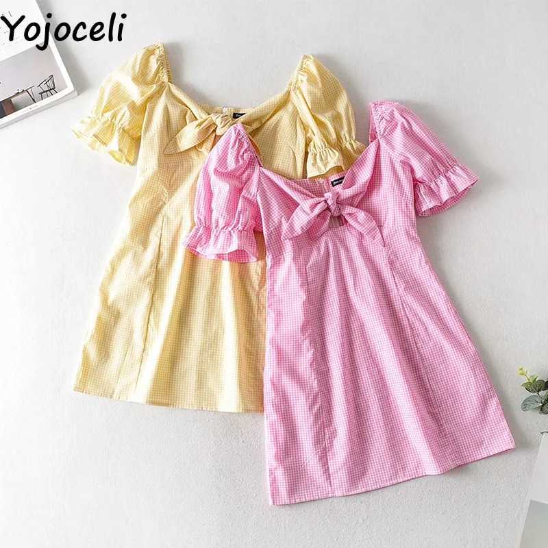Yojoceli Elegant bow short plaid dres Summer sexy fitness beach daily Casual mini cool ruffle vestidos 210609