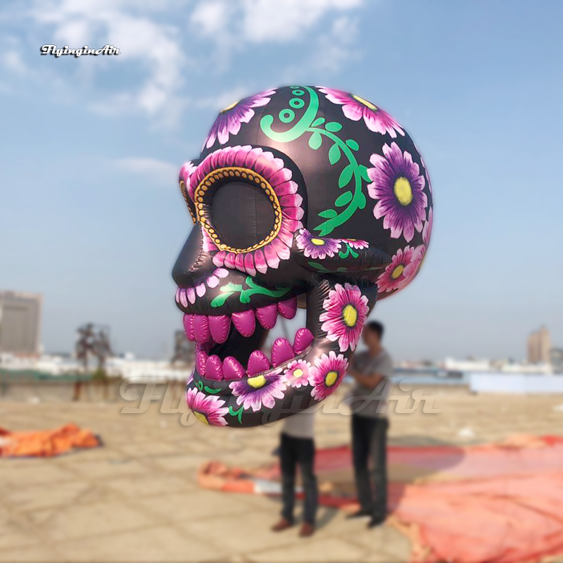 Outdoor Halloween Parade Performance Walking Inflatable Skull Puppet 3m Height Purple Moveable Blow Up Human Head Bone Balloon For Event