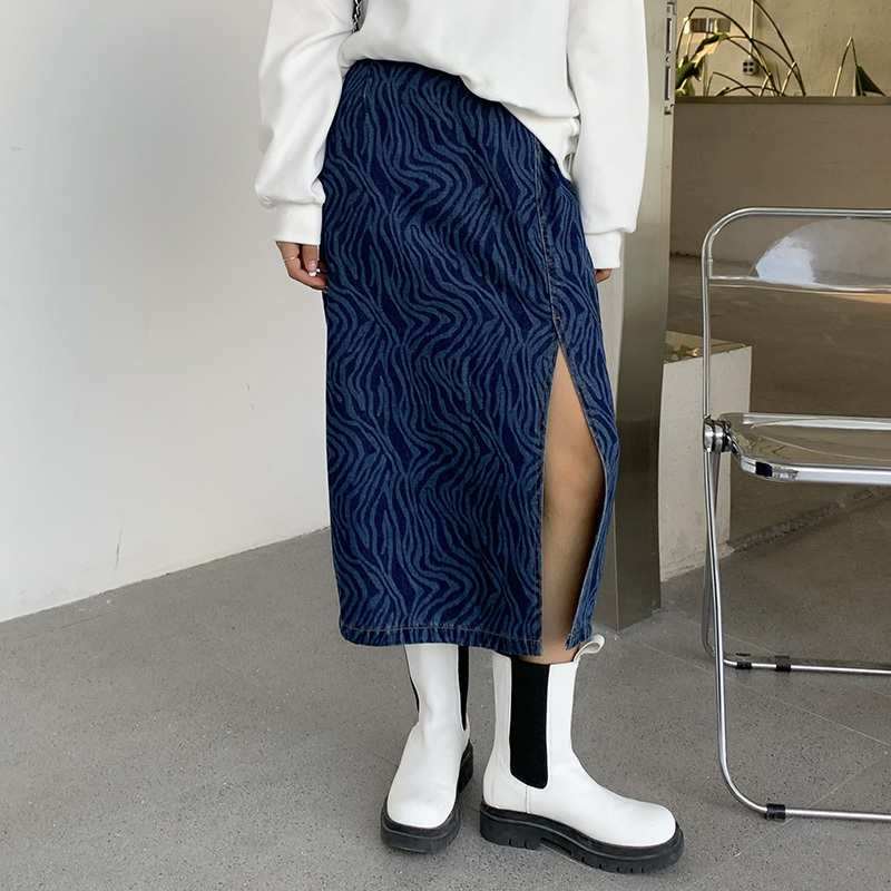 Nomikuma Korean Zebra Striped Jeans Skirt High Waist Split Casaul Women Demin Skirts New Fashion Bottoms Mujer Faldas 6D749 210427
