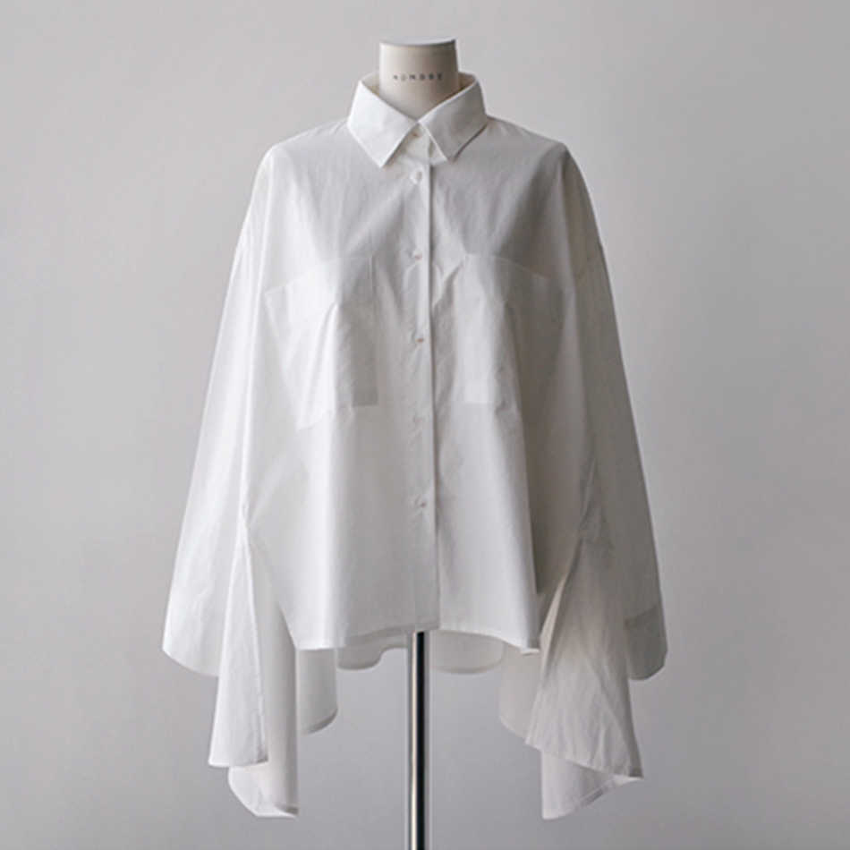Spring Autumn Lapel Long Sleeve White Back Loose Big Size Irregular Shirt Women Blouse Fashion 210527