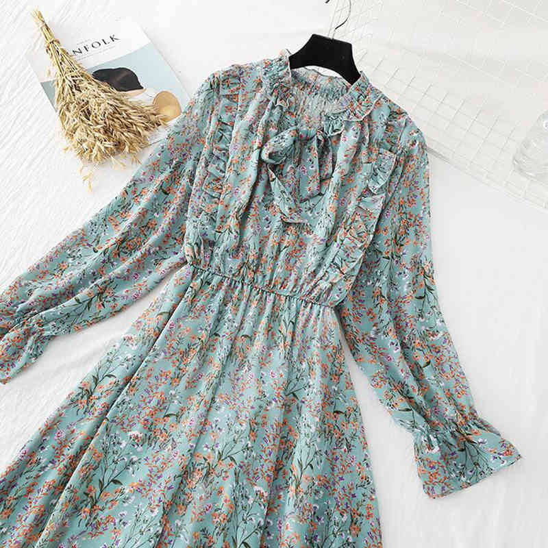Women Elegant Long Dress Floral Print Bow Lotus Leaf Collar Lady Office Dress Vintage Long Sleeve Chiffon Dress Vestidos 210521
