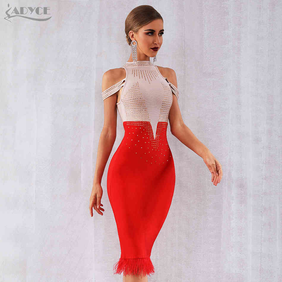 Summer Bandage Dress Women Elegant Red Off Shoulder Sexy Feather Bodycon Club Beading Celebrity Party 210423