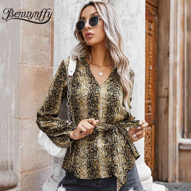 Elegant Office Ladies Snake Print Belted Top Blouse Women Autumn Fashion High Street V-Neck Long Sleeve Slim Tops 210510
