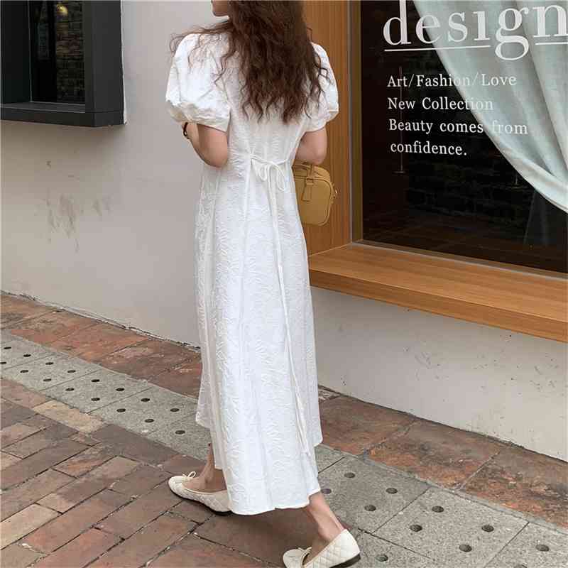Korean Chic Dress Female Summer Gentle Vintage V-Neck Dark Jacquard Lace-Up Waist Puff Sleeve Party Dress Casual Dress 210515