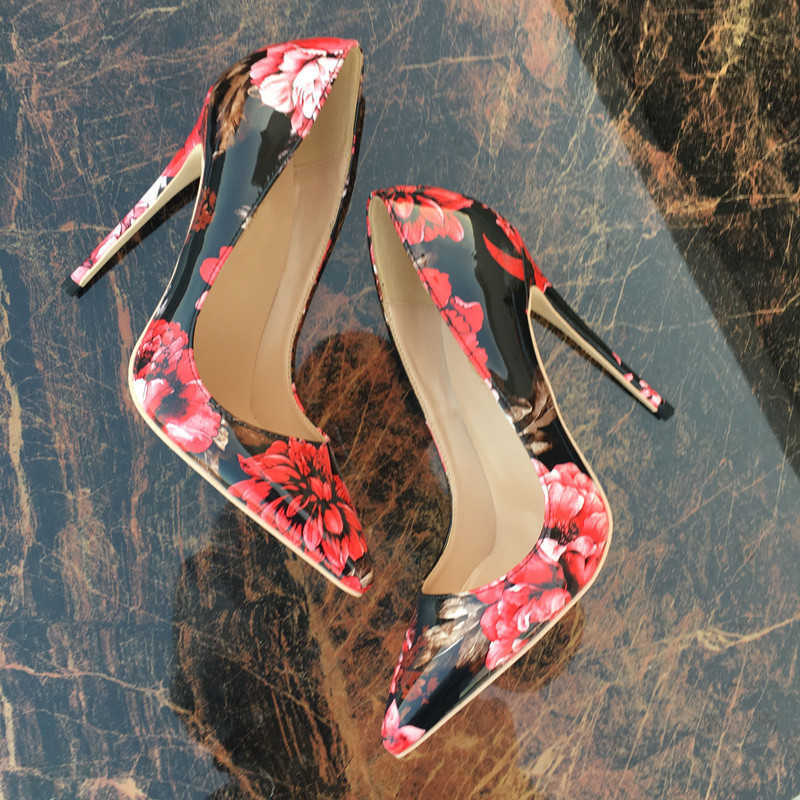 Red black flower pointed toe ladies pumps shallow women 12cm high-heeled sexy wedding party shoes QP061 210629