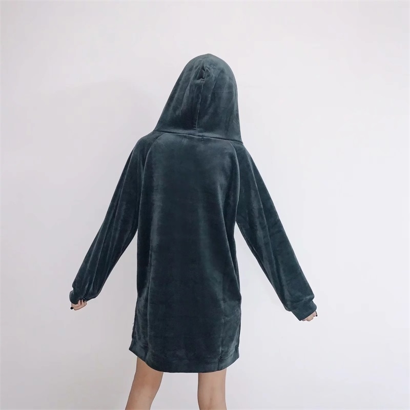 Women Velvet Thick Longline Hoodie With Split Hem Winter Raglan Sholder Outerwear 210512