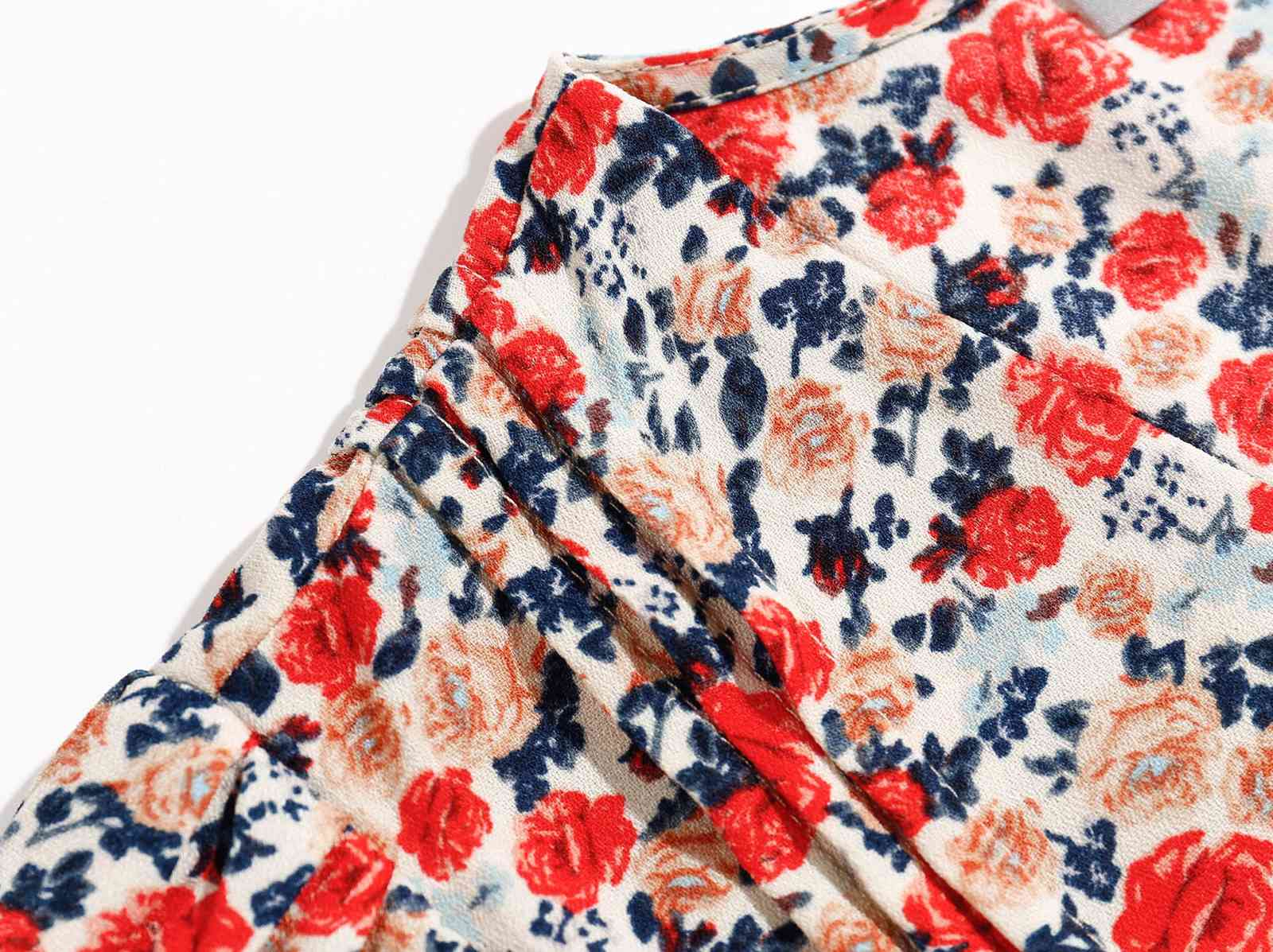 France Retro Pleated Puff Sleeve Red Rose Floral Print Shirt Elegant Single-breasted buttons Slim Waist Women Blouse 210429