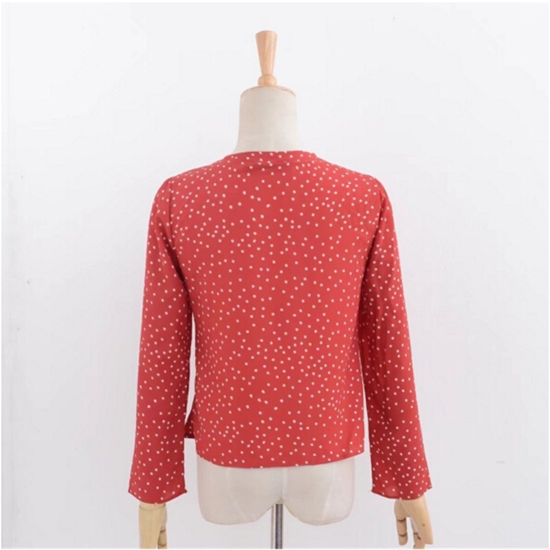 Vintage Bow Tie Closure Star Print Kimono Shirt Retro Woman Long Sleeve V Neck Blouse 210429