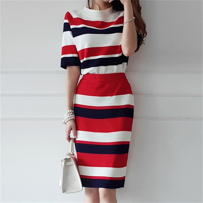 Knitted Striped 3 Pieces Set Women Single-Breasted Cardigan + Short Sleeve Pullover Tops Bodycon Skirt Suit Women's Sets 210519
