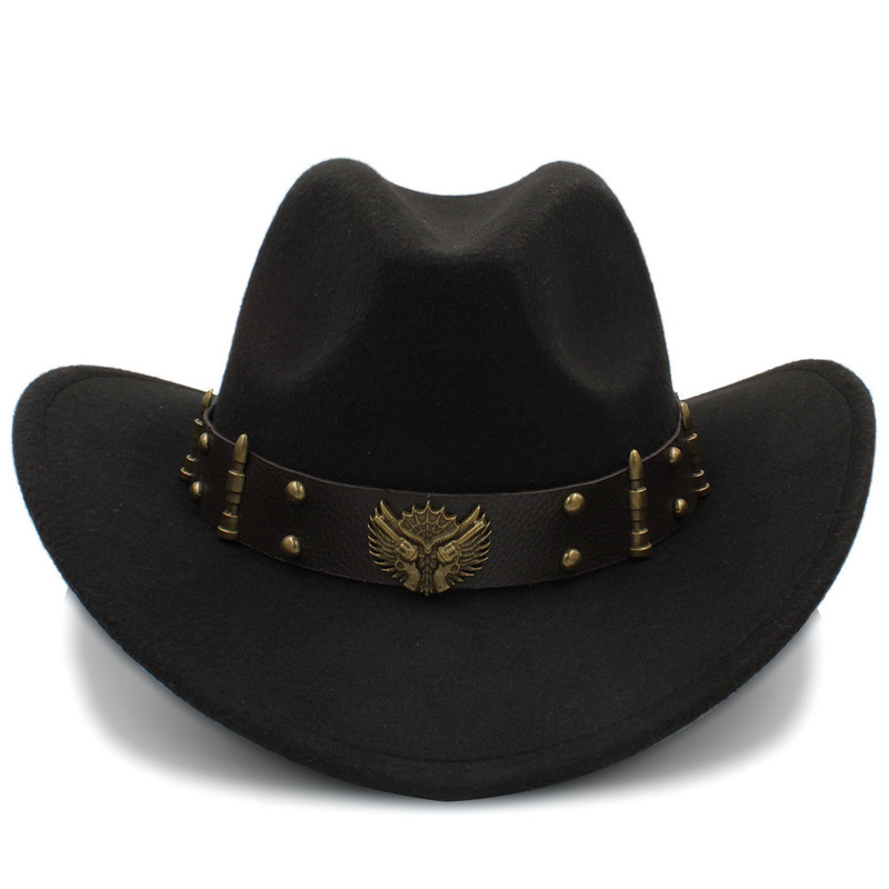 Wome Men Black Wool Chapeu Western Cowboy Hat Gentleman Jazz Sombrero Hombre Cap Dad Cowgirl Hats Size 56-58cm 220302