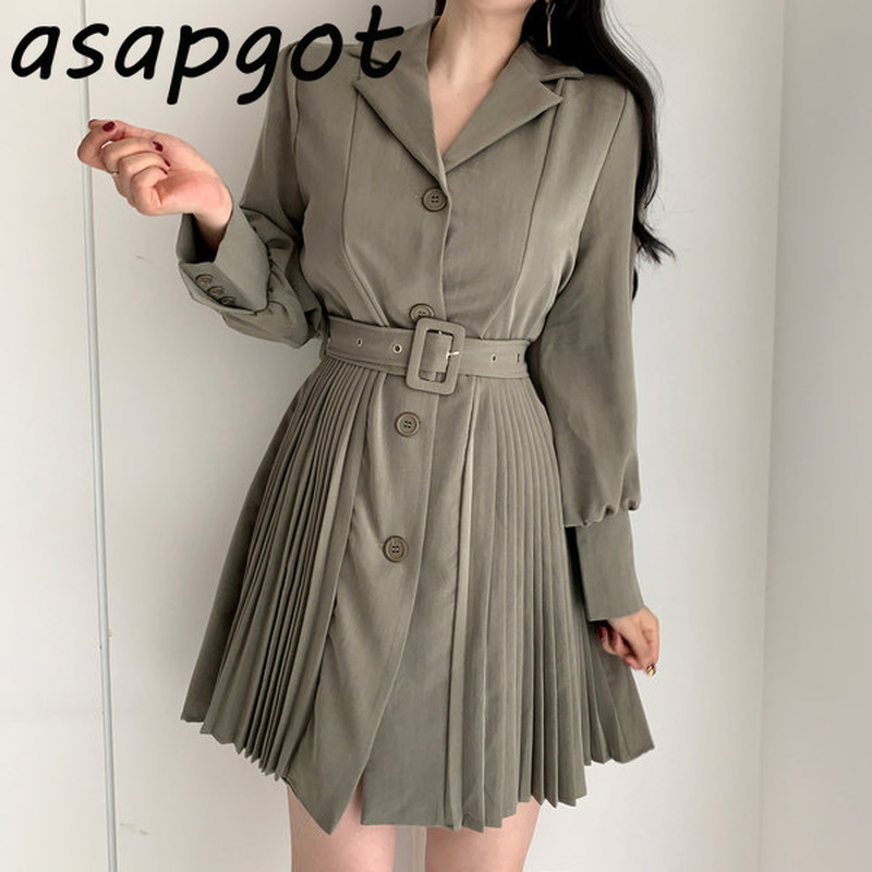 Chic Korean Retro Notched Single-breasted Pleated Dress Women Slim Waist Patchwork Bandage Suit Solid Casual Elegant Fall 210429