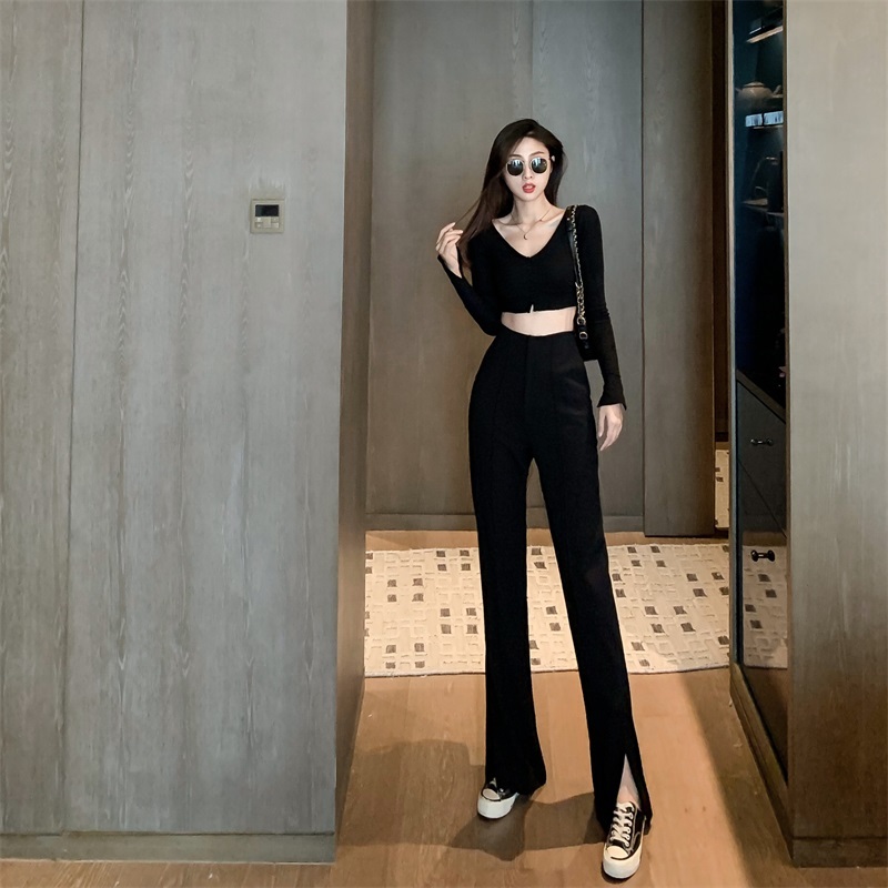 Women's Flare Pants Summer Solid Black White High Waist Pant Woman Office Lady Long Trousers Split Pantalon 210514