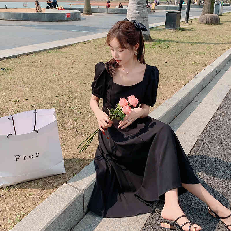 Long Sleeve Dress Women Holiday Elegant Ankle-length Female Square Collar Simple Trendy Korean Style Leisure Streetwear Slim Ins 210515