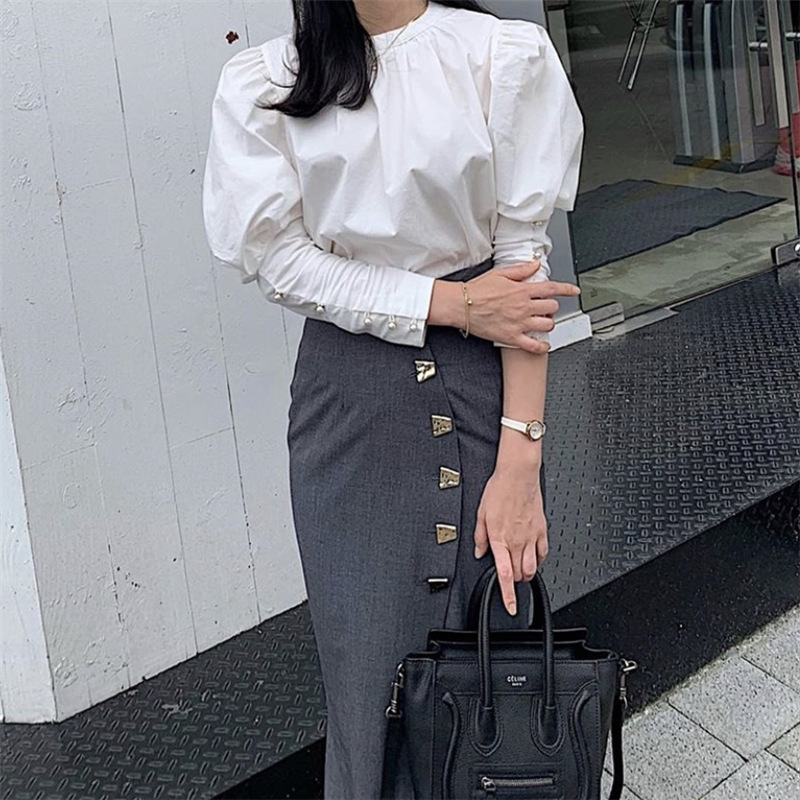 Nomikuma Causal O-neck Elegant Women Blouses Korean Buttons Puff Long Sleeve Shirt Autumn New Solid Blusas Mujer 6D204 210427