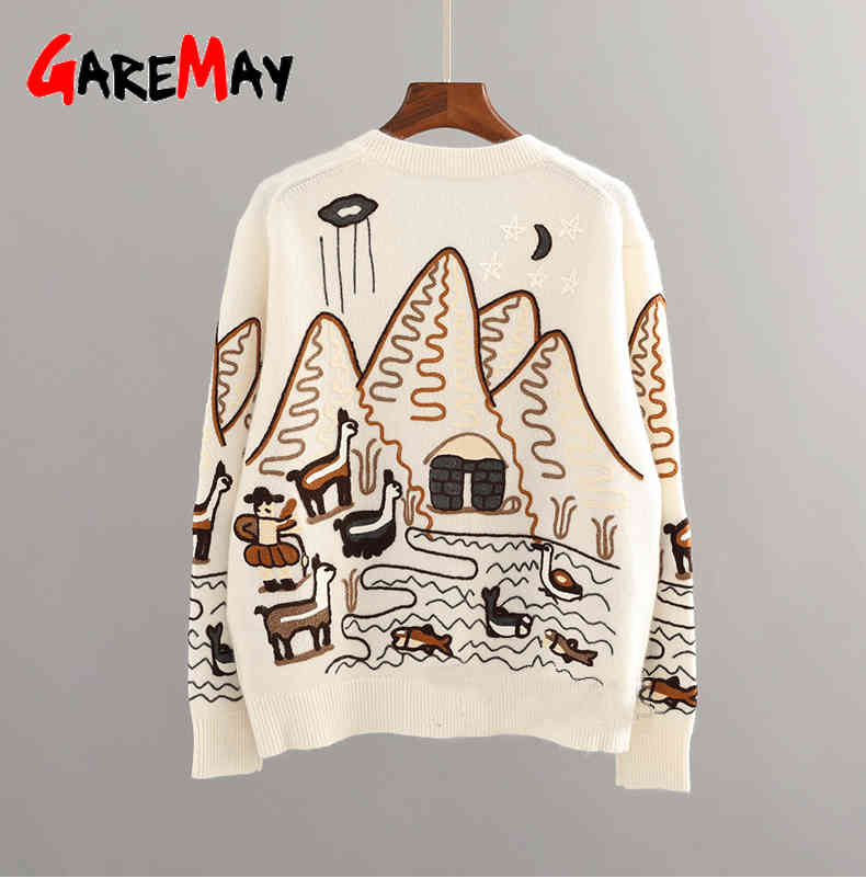 Knit Fall Cardigans Women Loose Vintage Streetwear Sweater Button Cartoon Cute Print V Neck Knitted Cardigan for 210428