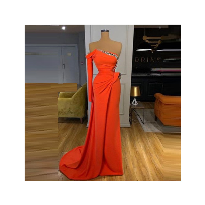 Dark Green Sequined Mermaid Prom Dresses One Shoulder Neck Side Split Evening Gowns Satin Sweep Train Formal Dress
