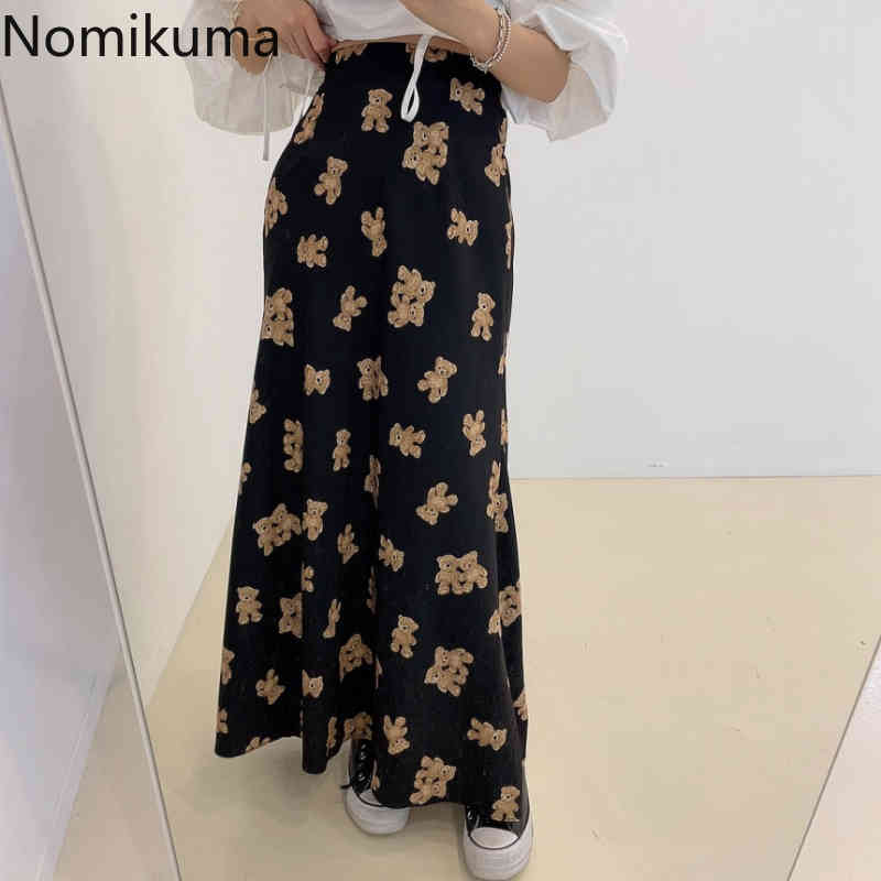 Nomikuma Korean Cartoon Bear Printed Skirt Spring Summer High Waist Women Mermaid Skirts Causal Elegant Faldas De Mujer 6H081 210427