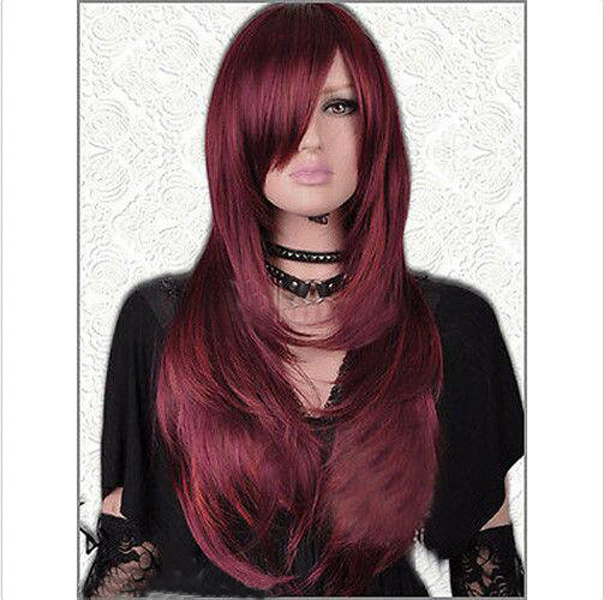 Nice Long Straight Wine Red wig Fashion Synthetic Hightemperature fiber Hair for women's Party