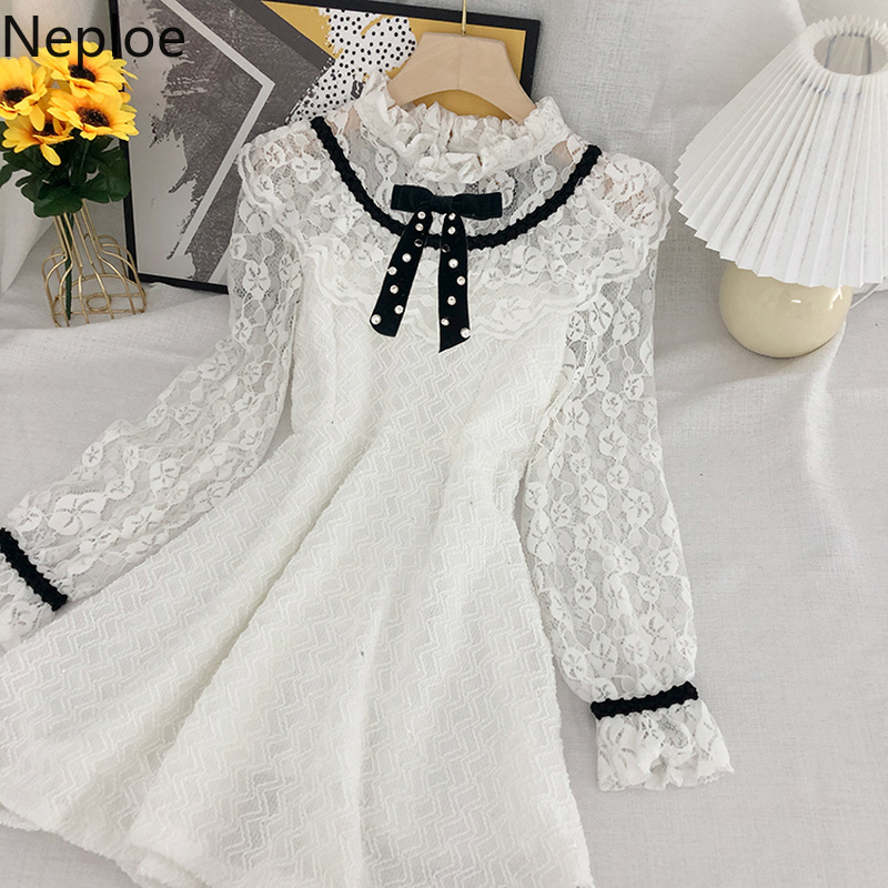 Neploe Dresses for Women Vintage Lace Crochet Floral Patchwork Vestidos Spring Clothes Sweet Elegant Mini Dress Female 4H313 210422