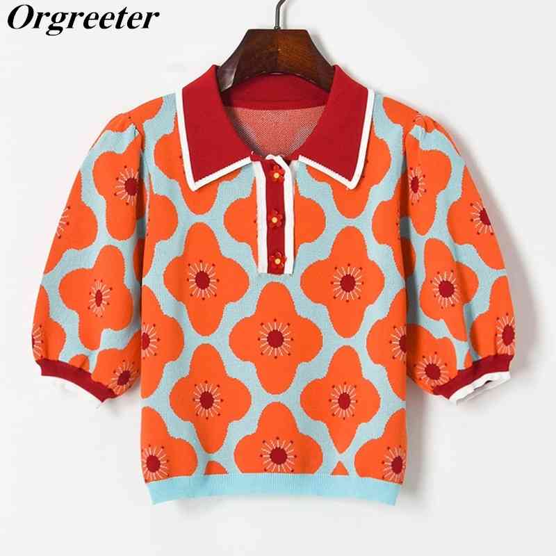 Summer Lapel Color contrast Flower Jacquard Puff sleeve Knit Cropped Top Women Chic Button Thin Sweater 210525, Coral red
Summer Lapel Color contrast Flower Jacquard Puff sleeve Knit Cropped Top Women Chic Button Thin Sweater 210525, Coral red