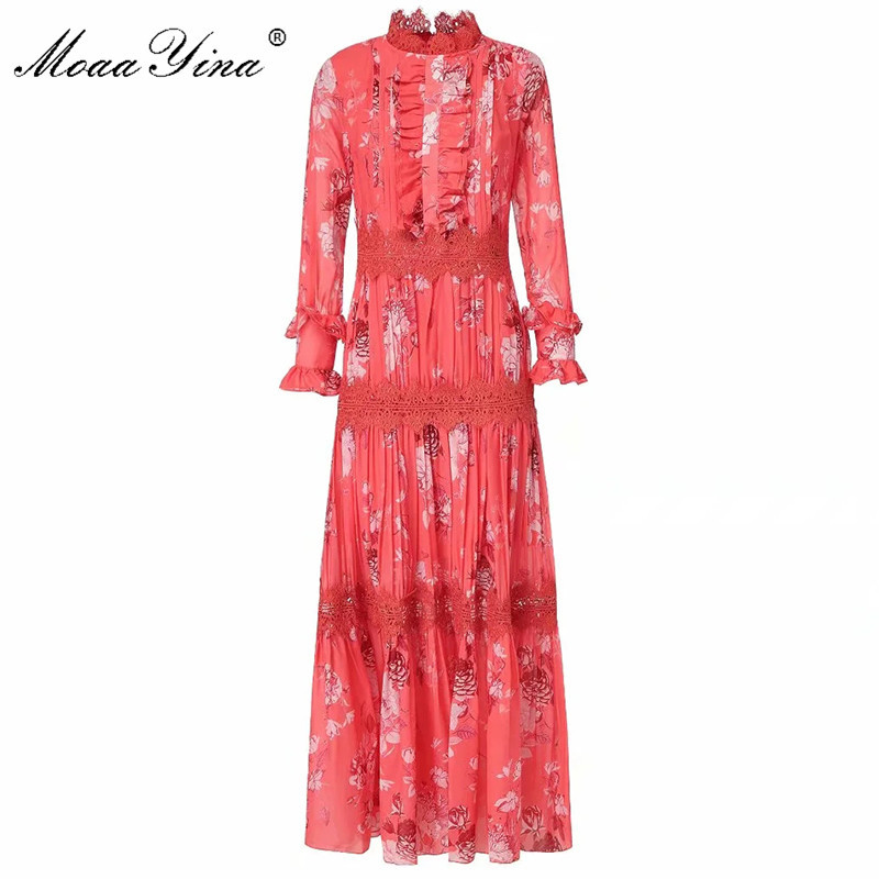 Spring Runway Elegant Party Dress Women Lace Patchwork Full Sleeve Vintage Floral Print Long Holiday 210524