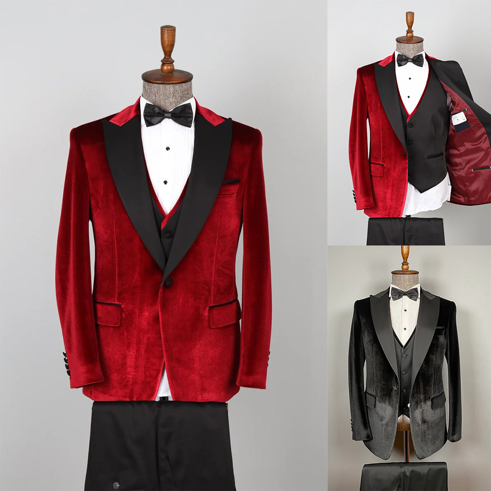 2025 Newest One Button Groom Tuxedos Red Shawl Lapel Slim Fit Mens Wedding Suits Formal Party Prom Suit Custom Made (Jacket+Vest+Pants)
