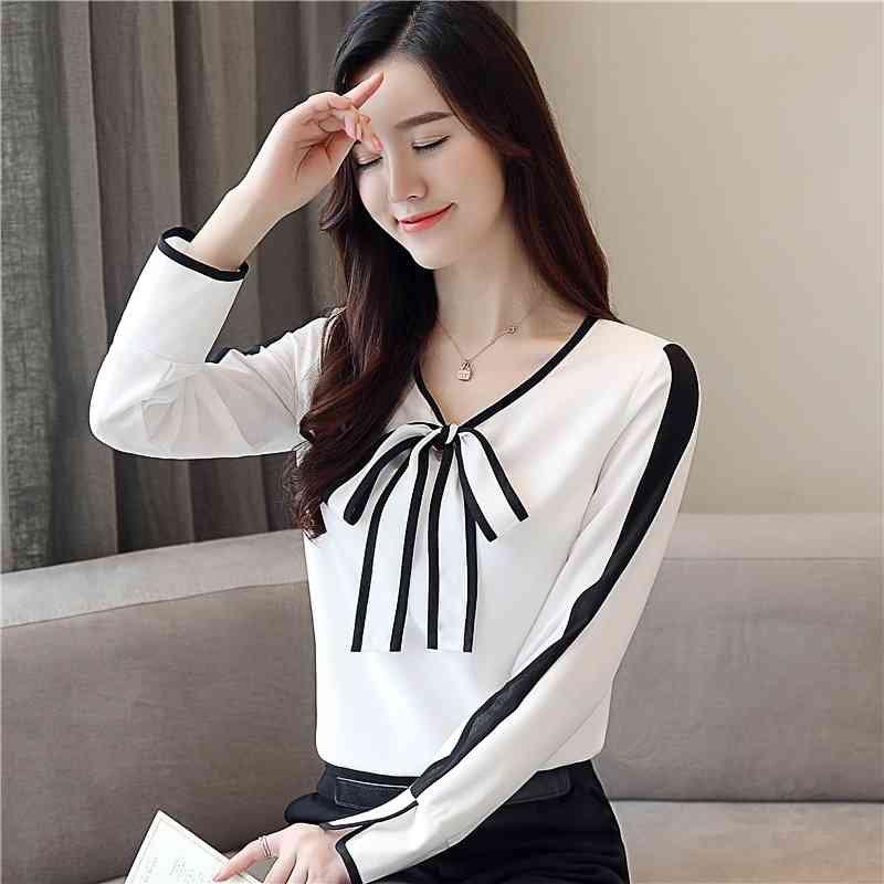 Fashion Womens Tops And Blouses Chiffon Long Sleeve Shirt White Bow V-neck OL Blusas 1026 40 210508